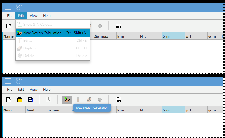 Picture 1: New Design Calculation, selection from menu bar (above) and shortcut (below).